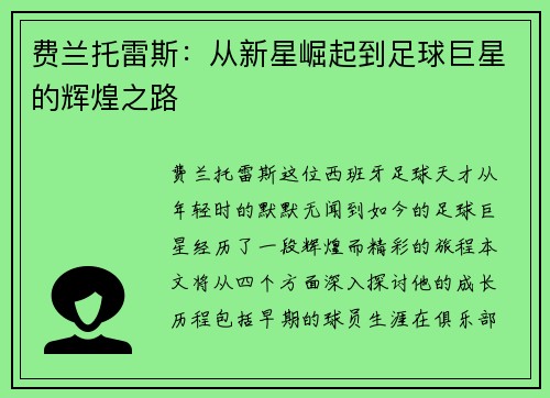 费兰托雷斯：从新星崛起到足球巨星的辉煌之路