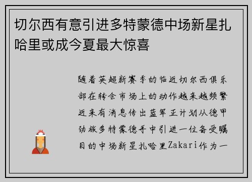 切尔西有意引进多特蒙德中场新星扎哈里或成今夏最大惊喜