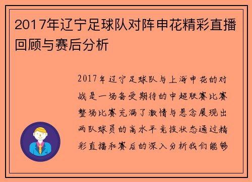 2017年辽宁足球队对阵申花精彩直播回顾与赛后分析