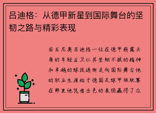 吕迪格：从德甲新星到国际舞台的坚韧之路与精彩表现