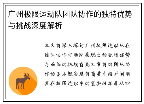 广州极限运动队团队协作的独特优势与挑战深度解析