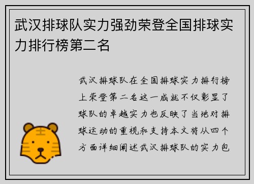武汉排球队实力强劲荣登全国排球实力排行榜第二名
