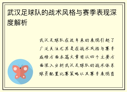 武汉足球队的战术风格与赛季表现深度解析