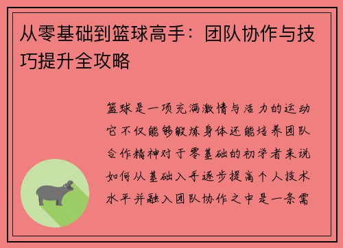 从零基础到篮球高手：团队协作与技巧提升全攻略