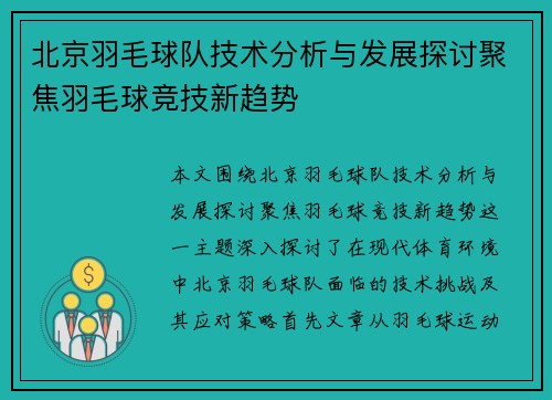 北京羽毛球队技术分析与发展探讨聚焦羽毛球竞技新趋势
