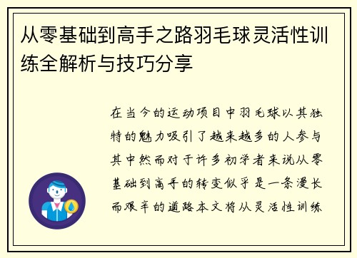 从零基础到高手之路羽毛球灵活性训练全解析与技巧分享