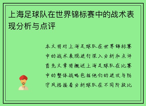 上海足球队在世界锦标赛中的战术表现分析与点评